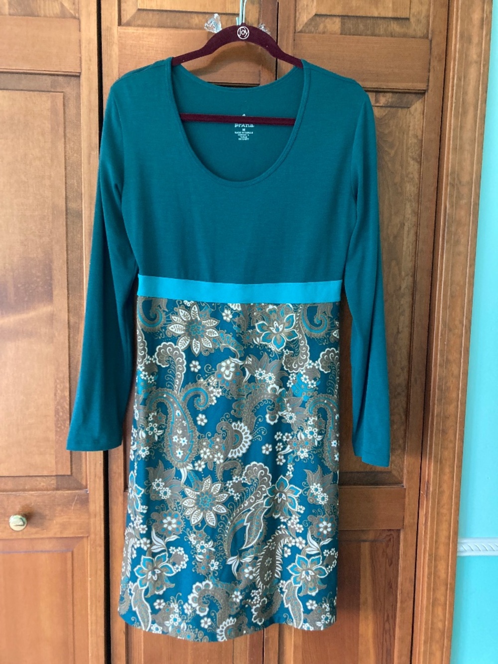 prAna Kaley Teal Paisley Empire Waist Long Sleeve Dress Medium